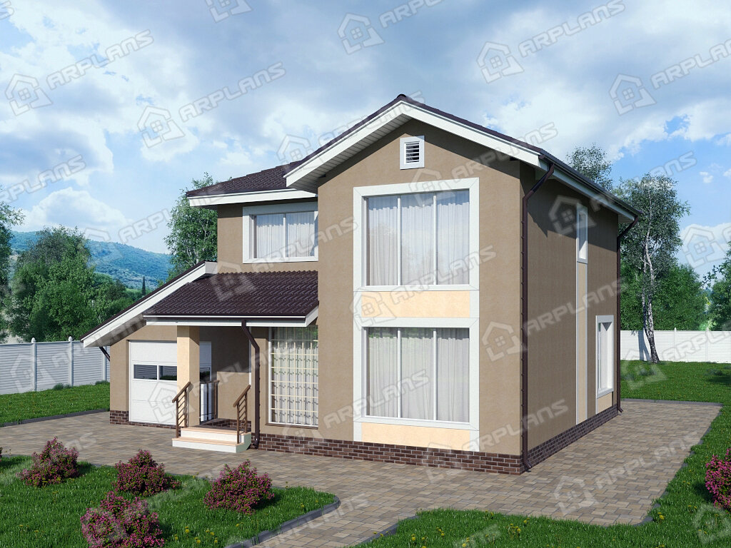 Фото 2 двухэтажного дома из газобетона с мансардой, 4 спальнями, газовой котельной и гаражом. 150 кв м . Источник arplans.ru Проект К-165 