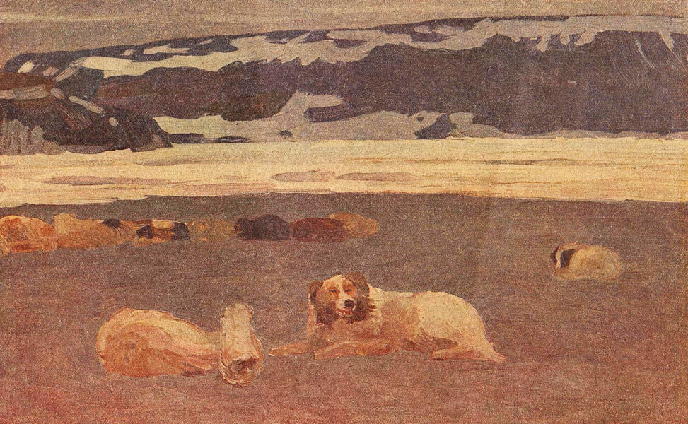 Картина А. Борисова «Берег Медвежьего залива на Новой Земле со стороны Карского моря». Из кн.: Борисов, А. А. Крайний Север : (в 24 таблицах) (Москва; Ленинград, 1931)