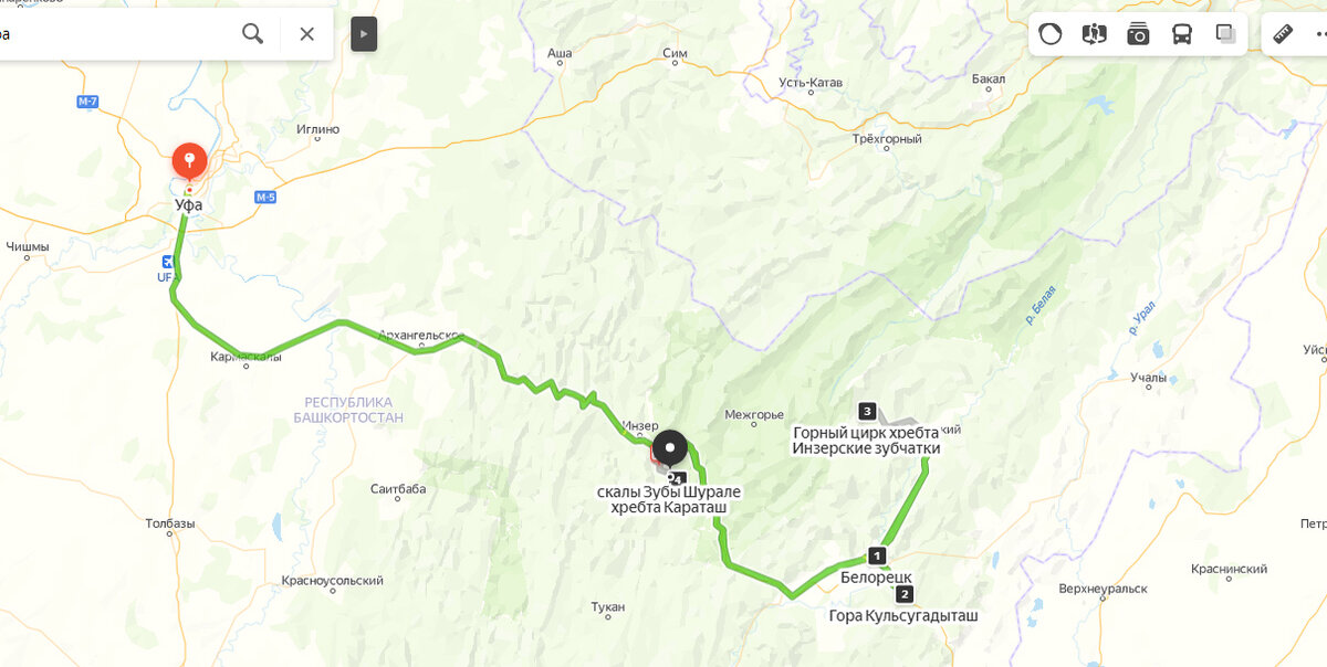 Карта маршрута. На втором скриншоте виден маршрут по отношению к крупным городам региона: Челябинску, Магнитогорску, Стерлитамаку