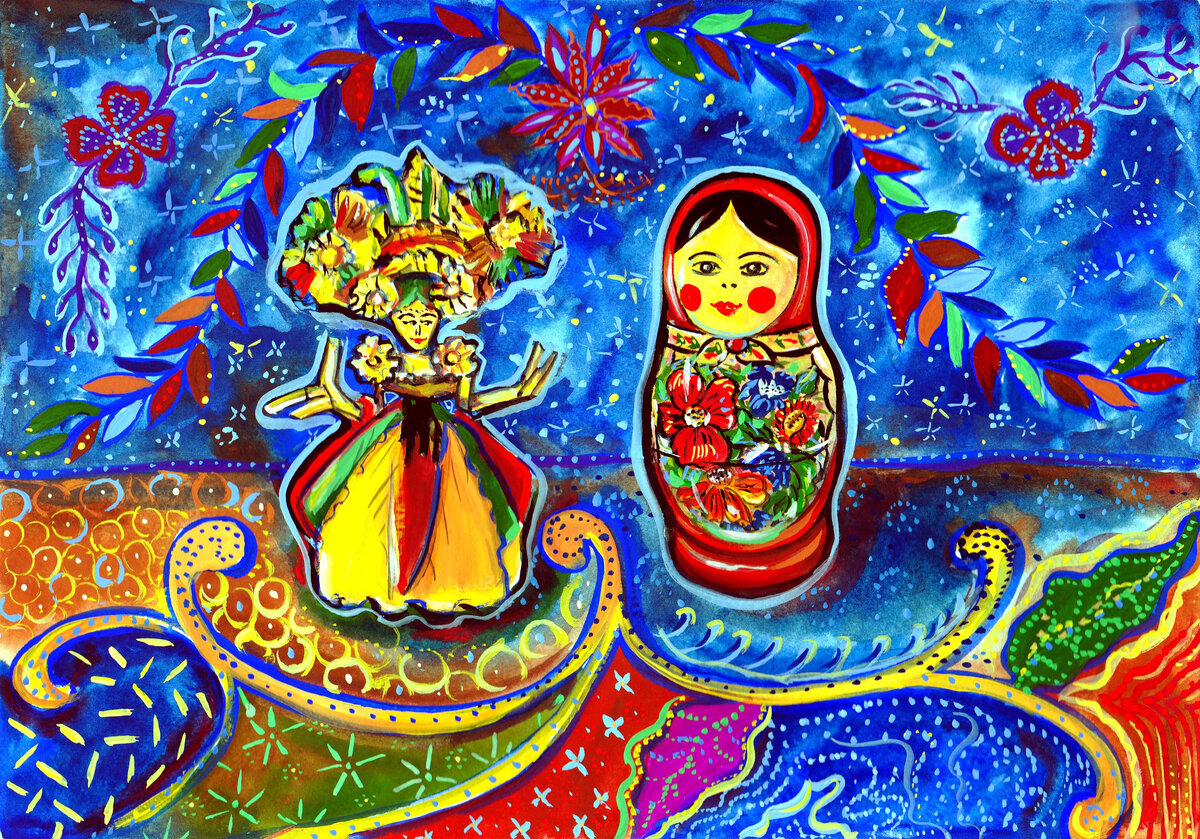 Матрешка встречает Деви Шри. Гуашь на бумаге, 2022. Владимир Кири. 