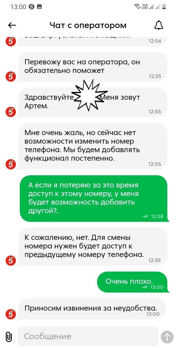 Переписка автора в чате службы поддержки "Пятёрочки".
