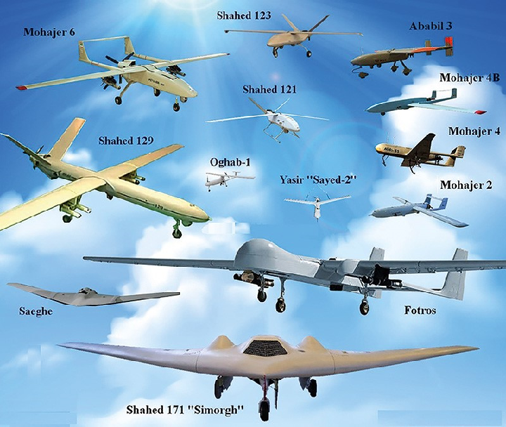 ОСНОВНЫЕ МОДЕЛИ ВОЕННЫХ БЕСПИЛОТНИКОВ, ВЫПУСКАЕМЫЕ ИРАНСКОЙ ПРОМЫШЛЕННОСТЬЮ. НА ПЕРЕДНЕМ ПЛАНЕ SHAHED 171, СТАВШИЙ ПРЕДШЕСТВЕННИКОМ SHAHED-191. ФОТО: ARMY.RIC.MIL.RU