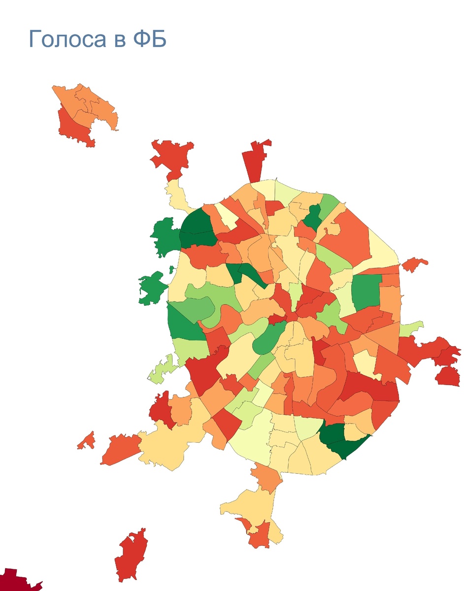 Карта 2 из 2. Распределение голосов в Фейсбуке (от красного минимума до зелёного максимума). ⬅︎⬅︎ Листать влево