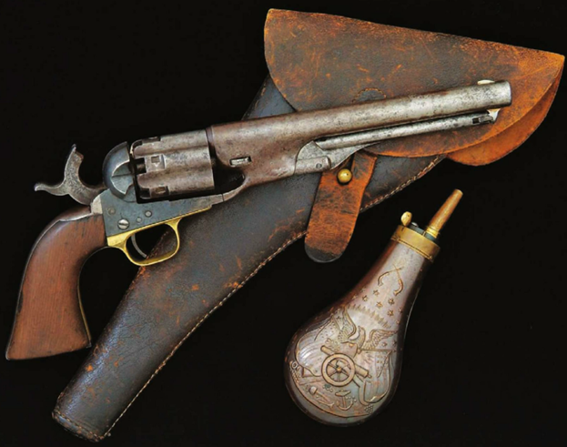 Ранняя версия Colt Army 1860 с кобурой и пороховницей