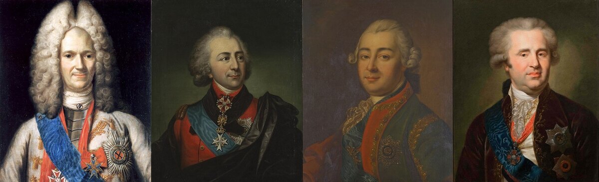 Слева направо: А.Д.Меншиков, И.П.Кутайсов, А.Г.Разумовский, А.А.Безбородко