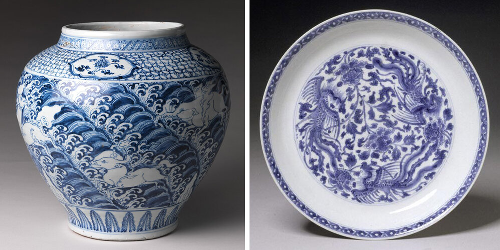 Китайский фарфор времен династии Мин, середина 15 века (слева) и династии Цин, 17-й век (справа)