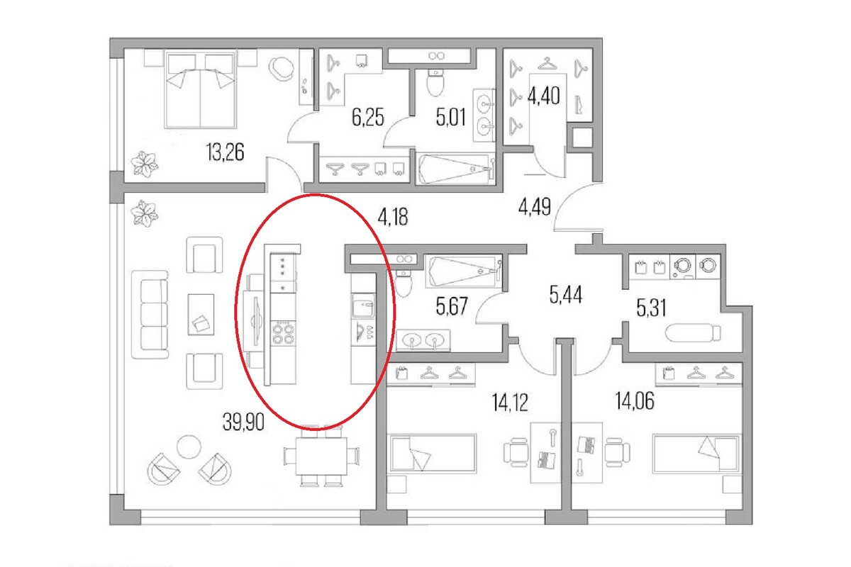 Еще более радикальный вариант: кухонная зона скрыта за перегородкой. Это для тех, кто хотел бы, чтобы в гостиной ничто не напоминало о близости кастрюль и сковородок.