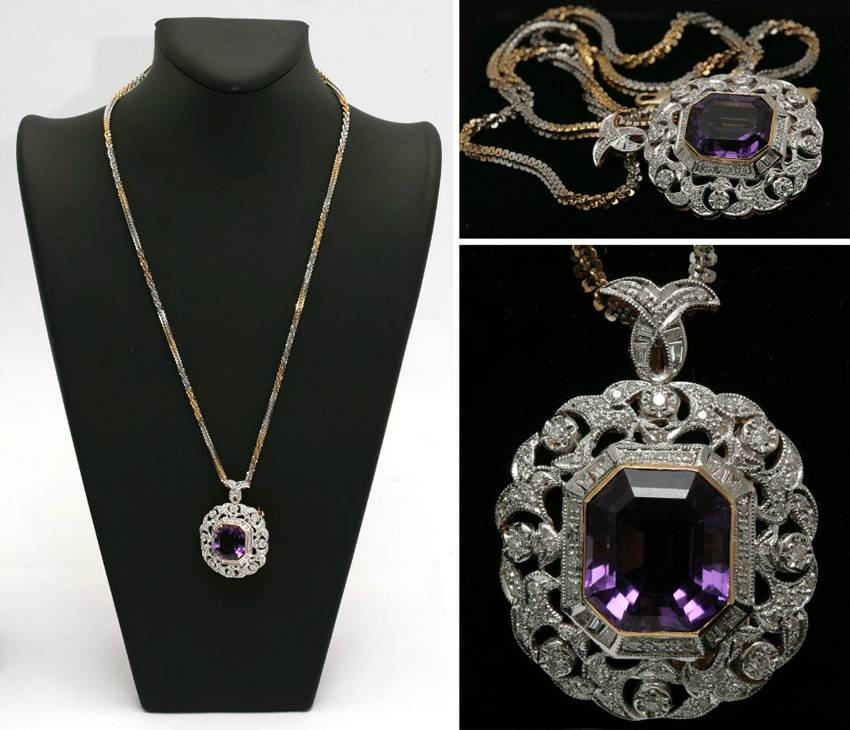 Подвеска с природным аметистом и бриллиантами. Классический дизайн. Контрастное сочетание белого золота и насыщенного цвета аметиста придают этой подвеске определенный шарм. Италия, конец XX в.