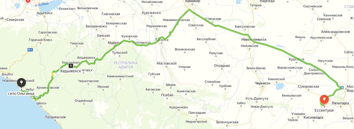Маршрут №2: Ессентуки - село Ольгинка (через Шаумянский перевал). Фото Яндекс-карты.