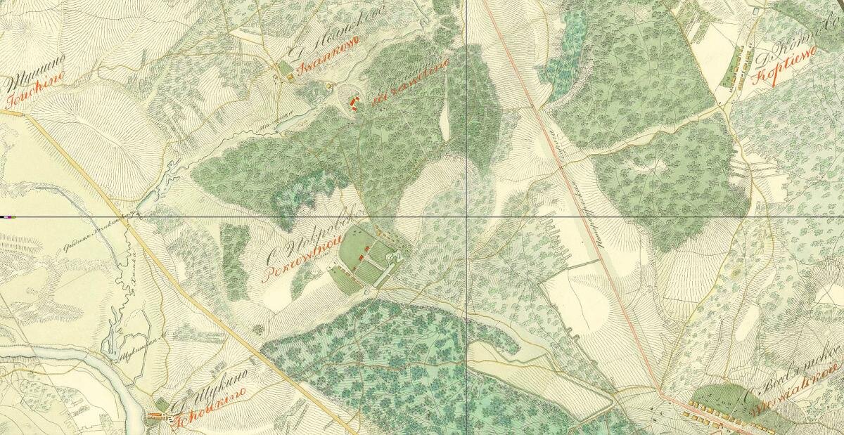 Село Покровское на плане части окрестностей Москвы поручика Ляпунова 1825 года.