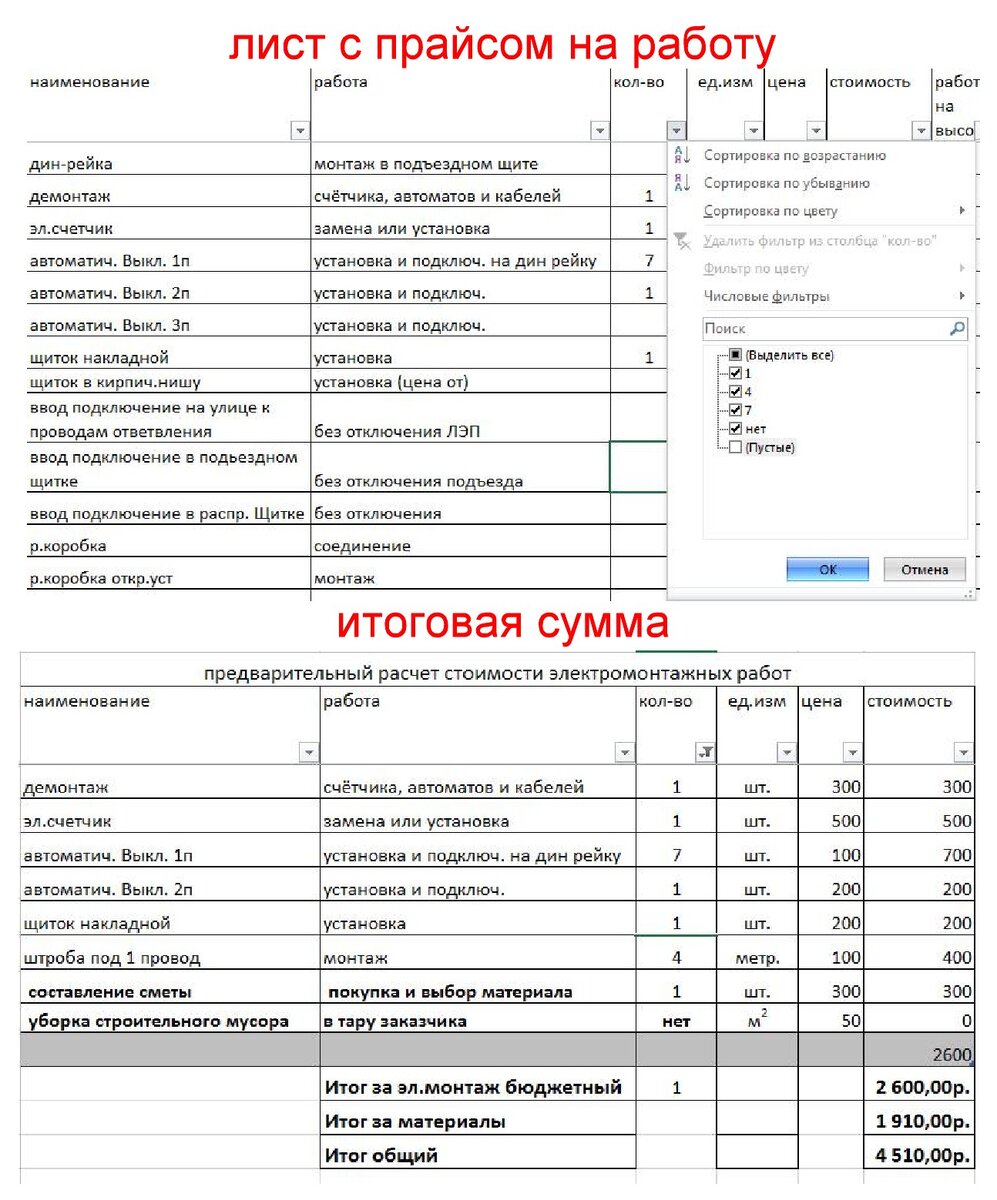 Прайс на электромонтажные работы