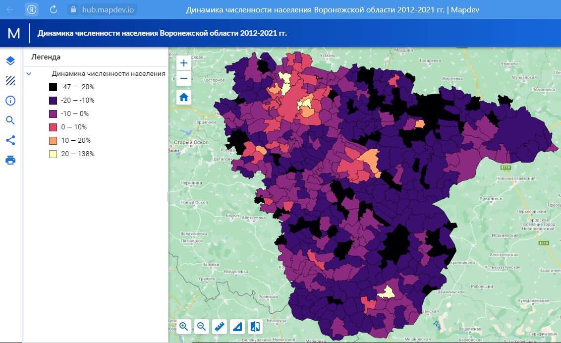 Динамика численности населения Воронежской области с 2012 по 2021 год на mapdev.io