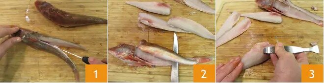 Чтобы приготовить рыбный суп, начните очищать галлинеллы: после их потрошения и ополаскивания отрежьте спинку на уровне центральной кости 1 и разделите их на два филе 2, затем извлеките более мелкие кости специальными кухонными щипцами 3, сохраните филе, лежащее на разрезе, и потрите его кончиками пальцев, чтобы найти косточки. Сохраните обрезки, которые будут использоваться для бульона.