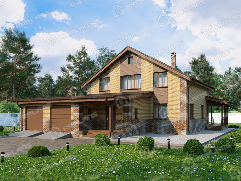 Фото 1 двухэтажного дома из газобетона с мансардой, 3 спальнями, газовой котельной, гаражом на 2 машины, сауной и террасой. Общая площадь до 270 кв м. Источник arplans.ru Проект К-349