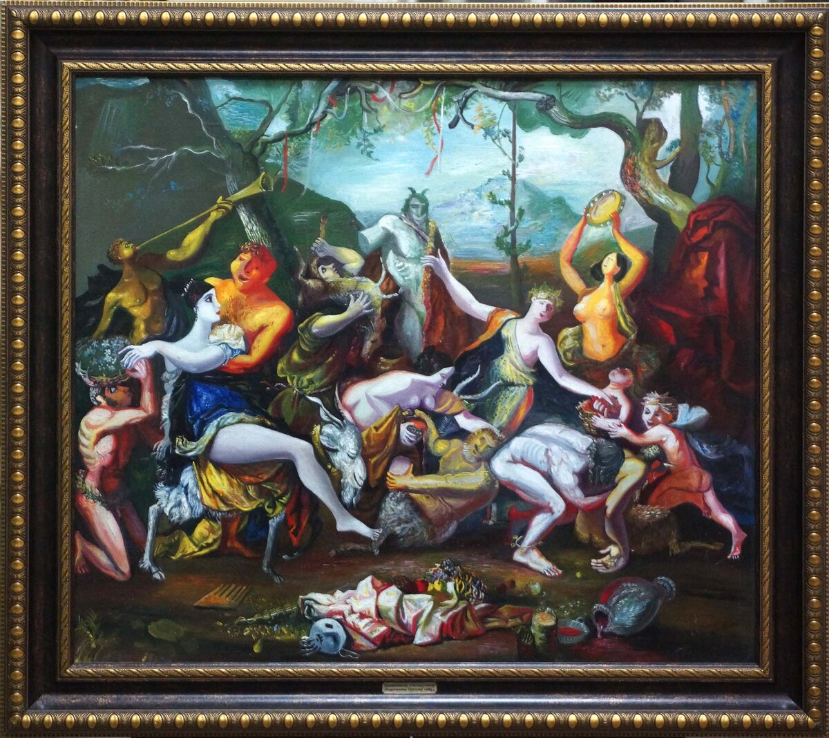 Калашников Анатолий Подражание Пуссену65х76 хм 1985  Калашников Анатолий Александрович
(1947 - 2012)
Член Союза художников России.
Лауреат премии им. Г. С. Мосина
Родился в 1947 году в г. Свердловск.
В 1970 г. окончил живописно-педагогическое отделение Свердловского художественного училища.
С 1972 участвовал в отечественных и зарубежных выставках. В 1980-е преподавал композицию и живопись в училище. С 1980 – член Союза художников России. Лауреат премии им.Мосина.
Анатолий Калашников — художник-монументалист мирового уровня. Он участвовал в оформлении Дворца молодёжи, цирка. Оформительская работа вырабатывает у художников удивительные способности: мыслить масштабно, видеть образ непосредственно в материале, работать с большими плоскостями, особым образом строить перспективу. И эти качества своеобразно преломились в станковых работах художника, известных своей монументальностью.
В 1989-1999 создал проект монументально-декоративной росписи «Перегон скота в штате Монтана» - свою квинтэссенцию истории США от первых колонистов до наших дней. Этот проект был высоко оценён гениальным скульптором Э.Неизвестным. Эпохальное полотно поражает размерами, плотностью и фактурностью изображенных кистью мастера событий.
Плодотворно сотрудничал Калашников с выдающимся екатеринбургским художником М.Ш. Брусиловским. Результатом их совместного творчества стали 5 полотен серии «Карнавал»: «Приглашение на прогулку», «Карнавал в Венеции», «Палаццо Вендрамин-Калерджи в Венеции», «Вид на старинный мост Риальто и Гранд-канал», «Бахчисарайский фонтан».
Не менее известна серия произведений Калашникова на античные и мифологические сюжеты: «Аргонавты», «Геракл», «Битва А.Македонского с Дарием при Гавгамелле», «Даная», «Самсон и Далила», «Вирсавия», «Похищение сабинянок» и др. и серия картин «Страна Тэмуджина» - история Монголии, древней и загадочной.
Произведения А. А. Калашникова находятся в музеях и галереях Екатеринбурга, Челябинска, Перми, Кургана, Красноярска, Москвы, Барнаула, в частных коллекциях в России, Чехии, Германии, Канаде, США.
Скончался знаменитый живописец в 2012 году на 65-м году жизни