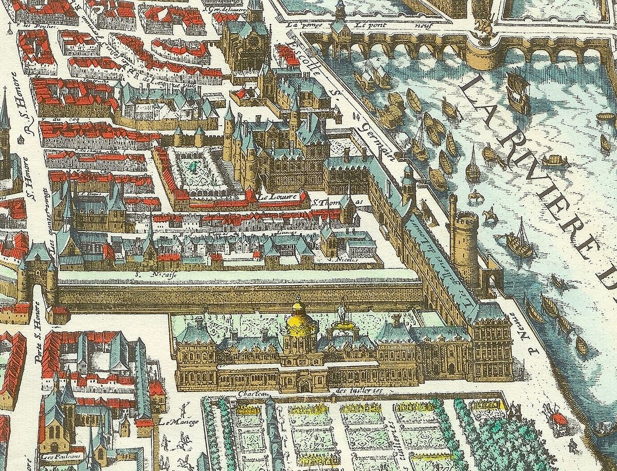 Фрагмент плана Мериана 1615 г.  На переднем плане, с золотым куполом- дворец Тюильри; Большая галерея- вдоль реки; на заднем плане-Лувр.