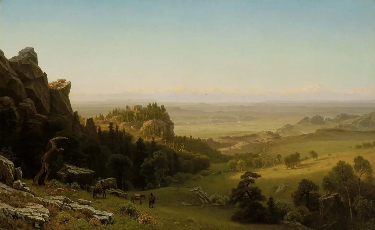 "Вид с гор Уинд-Ривер, штат Вайоминг", 1860. Бостонский музей изящных искусств. Любопытно, что в те далекие времена находились люди, которые критиковали художника за изображение индейцев на фоне величественной американской природы: мол, они "портят впечатление уединенного величия".