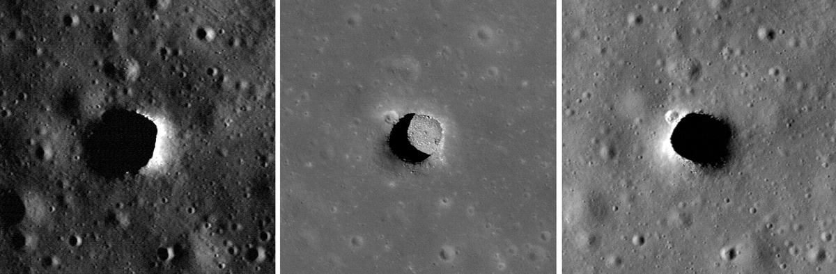 Камера NASA Lunar Reconnaissance Orbiter Camera трижды сфотографировала яму Marius Hills, каждый раз с очень разным освещением. Центральная панель с Солнцем высоко над головой дает ученым прекрасный вид на дно карьера Мариус-Хиллз. Яма Мариуса имеет глубину около 34 метров и ширину 65 на 90 метров. Фото: NASA/GSFC/Университет штата Аризона