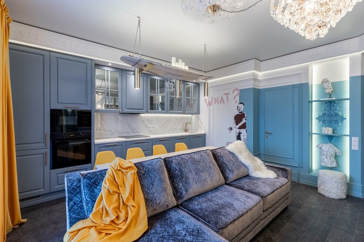 Проект-победитель шоу «Битва дизайнеров» – стильная кухня с акцентом на зоне отдыха, центральное место в котором заняла изящная кухня Nicolle в оттенке «Небесный голубой»