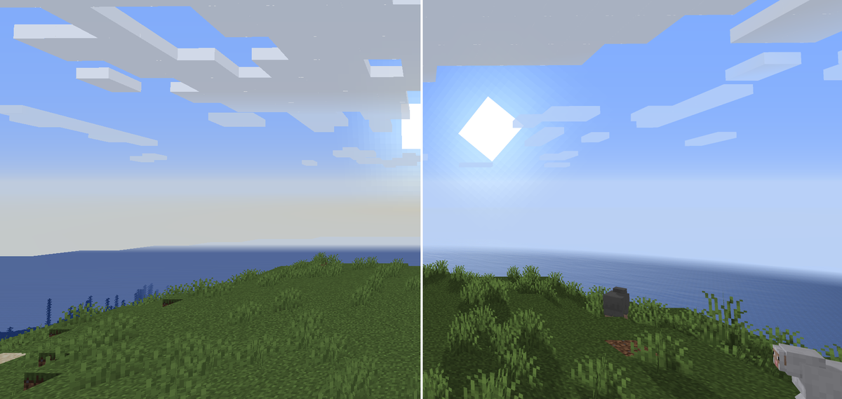 слева майнкрафт без шейдеров, справа с этим шейдером.