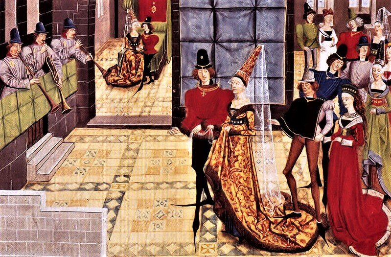 Картина "Брак Рено из Монтобана и Клариссы", 1420 г. Взгляните на модные ботинки у мужчин.