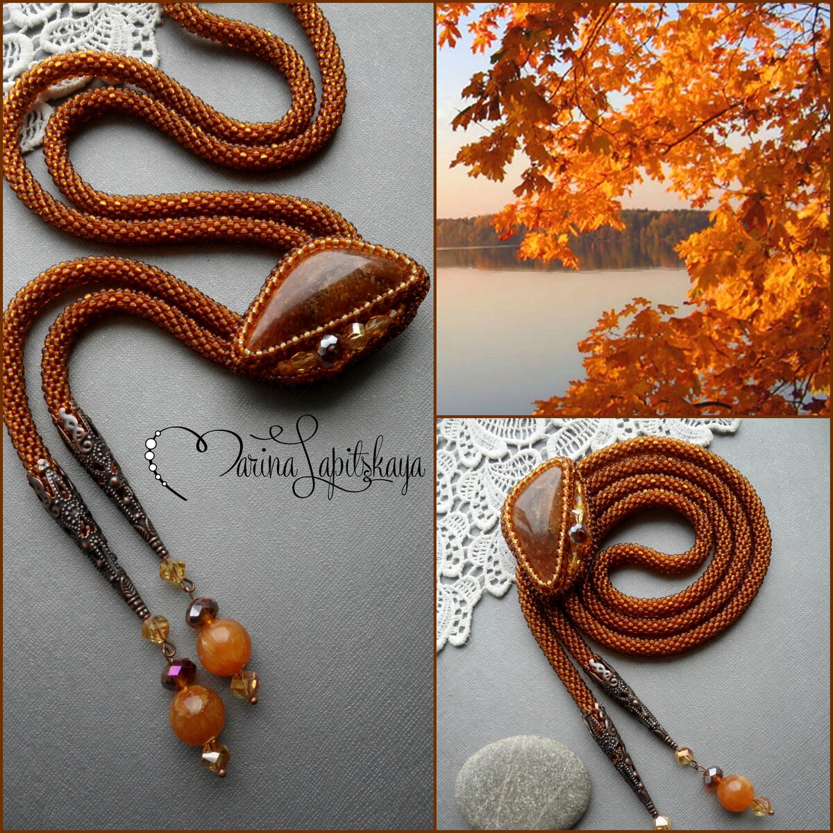 Галстук-боло "Бабье лето", бисер, симбирцит, фурнитура медная