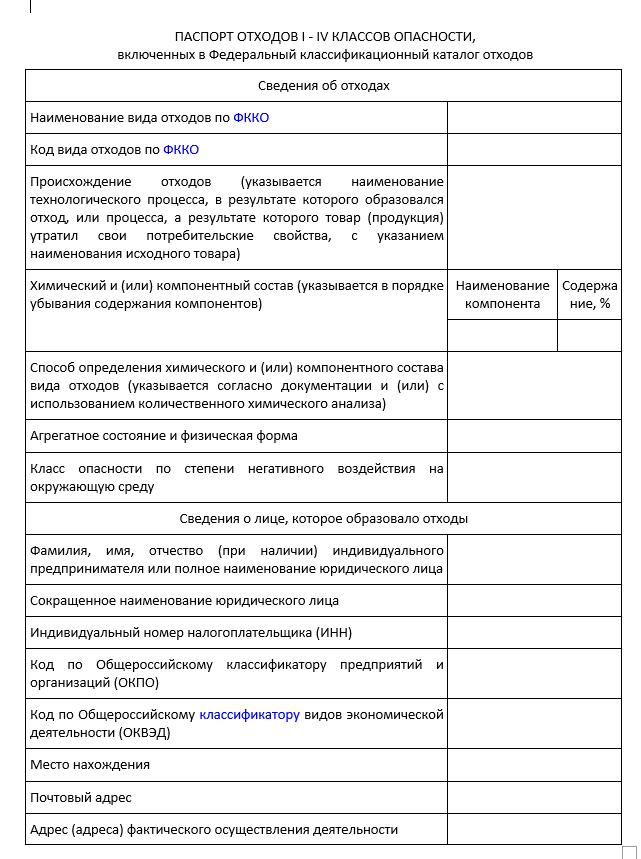 Форма паспорта опасного отхода