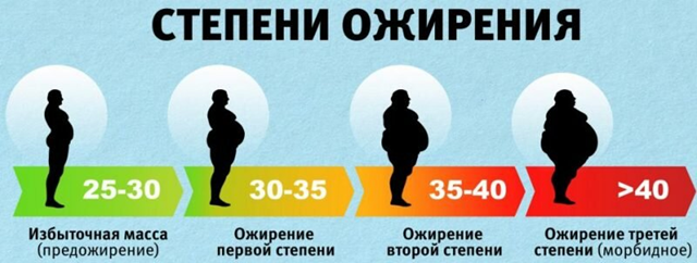 Степени ожирения в зависимости от ИМТ.