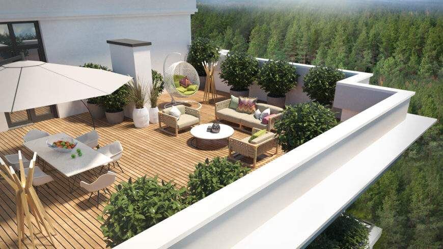 На большой террасе приятно семьей встречать рассветы и провожать солнце, которое садится за горизонт. 