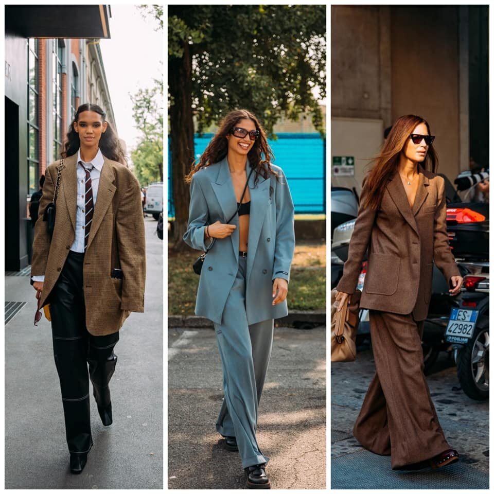 Выделяем прочие модные элементы. Во-первых, тренд на кожу, в основном искусственную: видите кожаные брюки слева? Во-вторых, обратите внимание, что много брючных костюмов: не просто отдельные жакет и брюки, а именно комплекты.