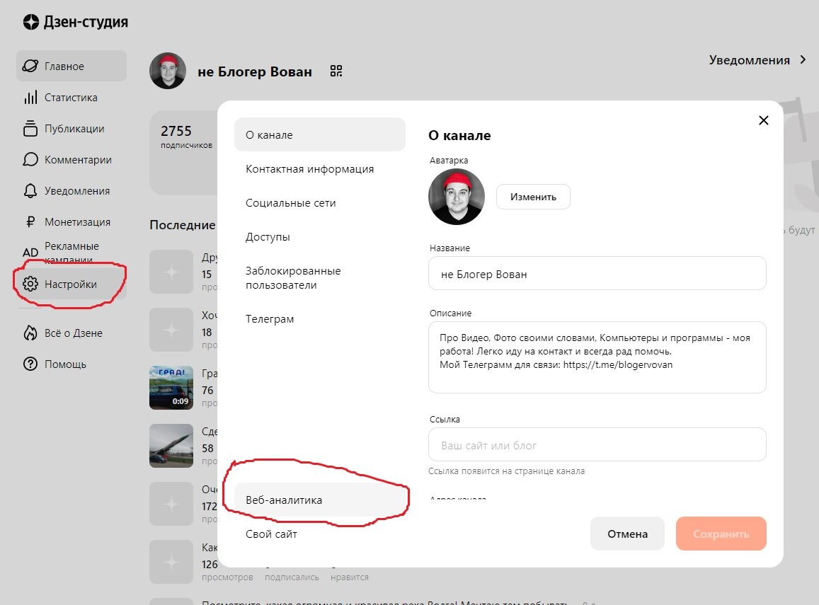 Для добавления счётчика переходим в Настройки а потом Веб-аналитика