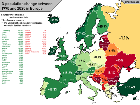 Изменение населения стран Европы за 1990-2020 гг.