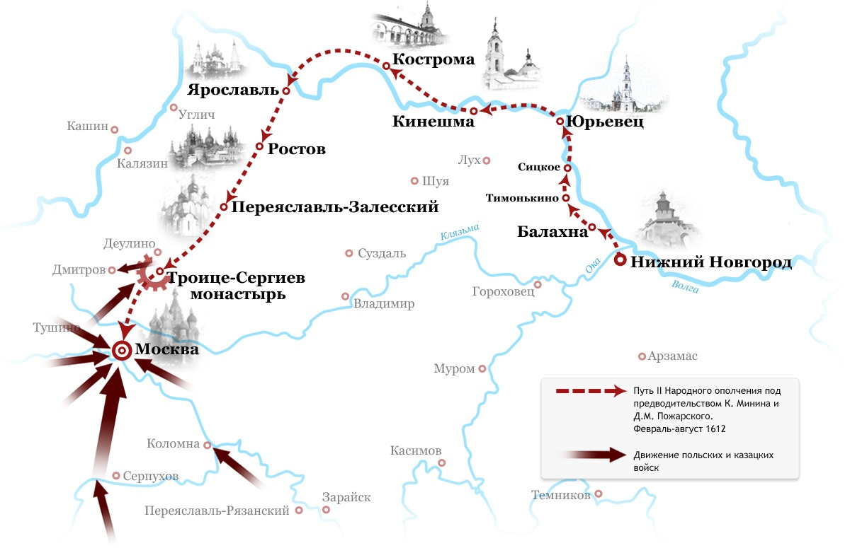 Маршрут второго земского ополчения под предводительством Минина и Пожарского