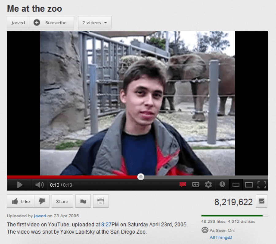 Первый видеоролик на YouTube.