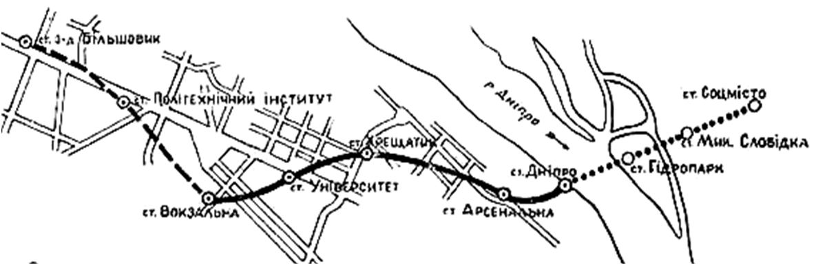 Фрагмент  схемы 1-й очереди метрополитена - 1960 г.