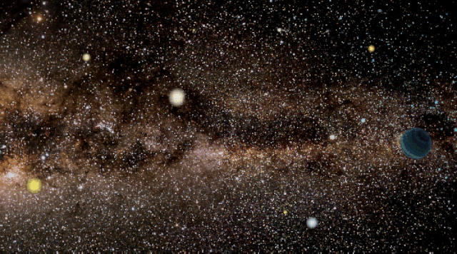 Планета-изгой изгибает свет звезды позади себя относительно Земли. (Изображение: © Ян Сковрон / Астрономическая обсерватория Варшавского университета)