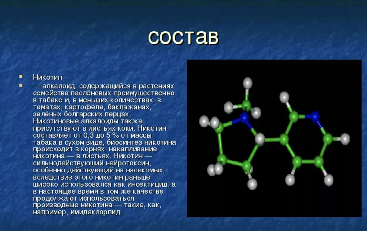 Алкалоид никотин. Состав никотина. Химический состав никотина. Молекула никотина.