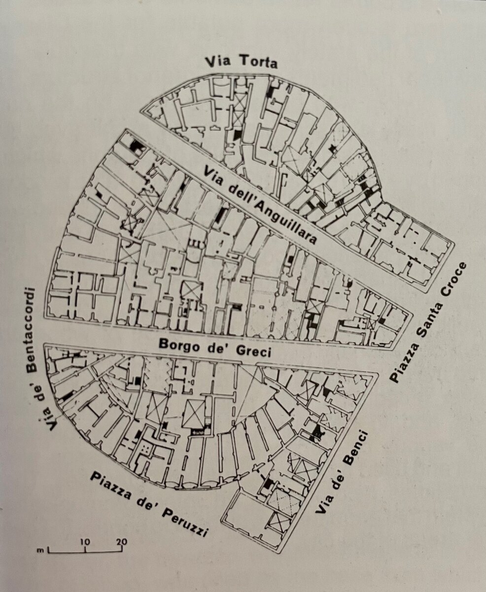 Карта с планом улиц, где когда-то находился амфитеатр Флоренции