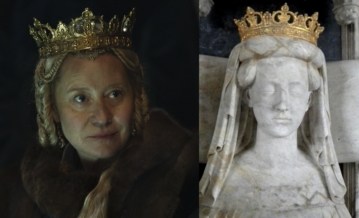 Слева — кадр из фильма «Маргрете: королева севера», справа — мраморное изображение королевы на ее гробнице.