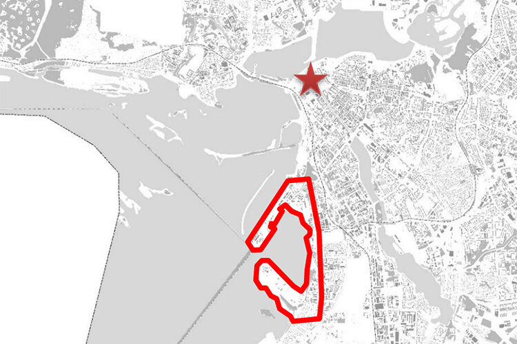 Границы благоустраиваемой территории захватывают две дуги на Куйбышевском водохранилище — улицу Портовую на верхней дуге и Поперечно-Кукушкинскую на нижней. Эскиз предоставлен пресс-службой исполкома Казани