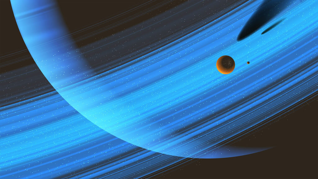    Science fiction vector illustration of a giant ring planet with an orbiting moon. Александр Шереметьев