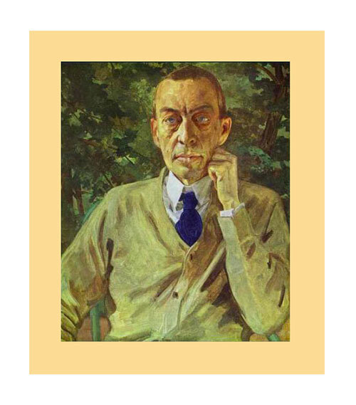 Фотография (на фоне) картины "Портрет С. В. Рахманинова" (из свободных источников, автор указан в тексте)