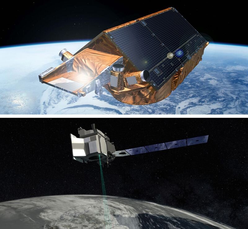 Спутники CryoSat-2 (сверху) и IceSat-2 (снизу). Источник: ESA / NASA