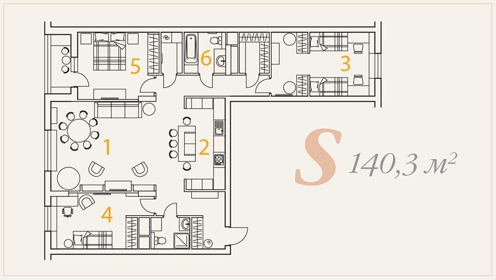 Общая площадь – 140,3 м². 1, 2 — гостиная-кухня-столовая; 3 — детская; 4 — детская; 5 — спальня; 6 — санузел