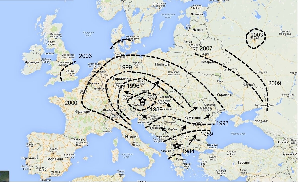 Карта распространения каштановой минирующей моли. Основа рисунка: www.google.com.ua/maps