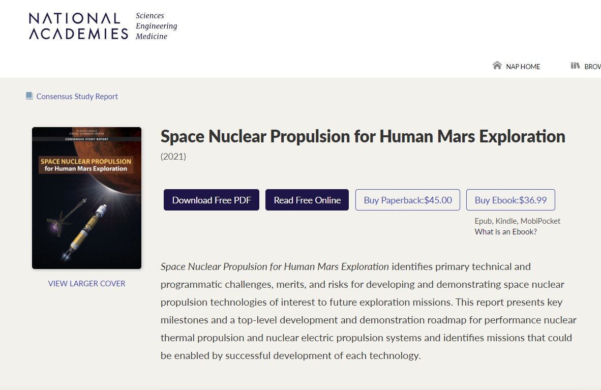 Национальная академия наук США опубликовала отчёт, согласно которому без ядерного теплового ракетного двигателя у человечества нет перспектив в пилотируемой космонавтике. 
