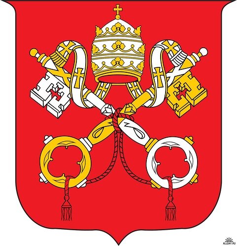 Герб Ватикана, представляет собой щит красного цвета, на котором изображены два скрещенных ключа (от Рая и Рима), перевязанных алым шнуром. Над ключами расположена папская тиара.