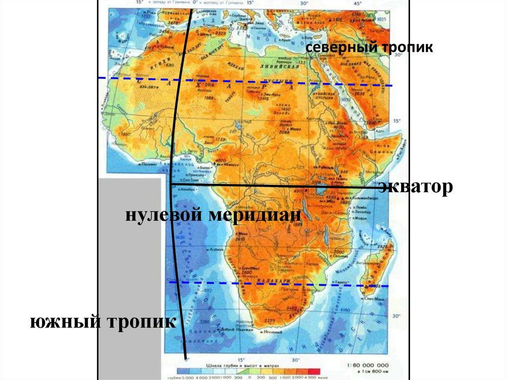 Экватор Африки Северный Тропик и нулевой Меридиан. Северный и Южный тропики на карте Африки. Северный Тропик Африки на карте. Экватор и нулевой Меридиан.