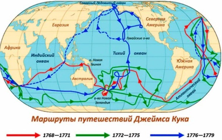 Маршруты путешествий Джеймса Кука