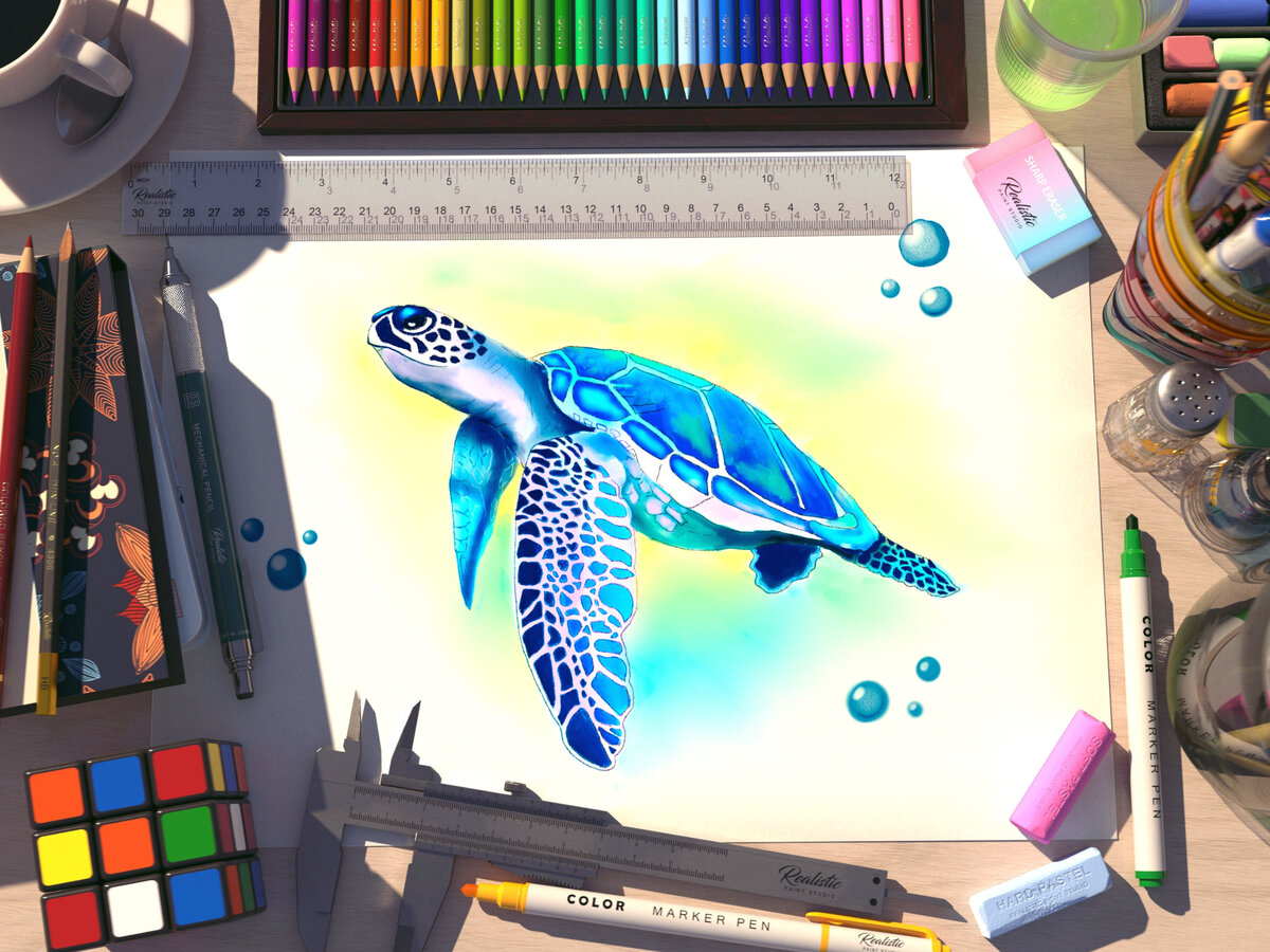 Рисунок на морскую тему - черепаха в Realistic Paint Studio